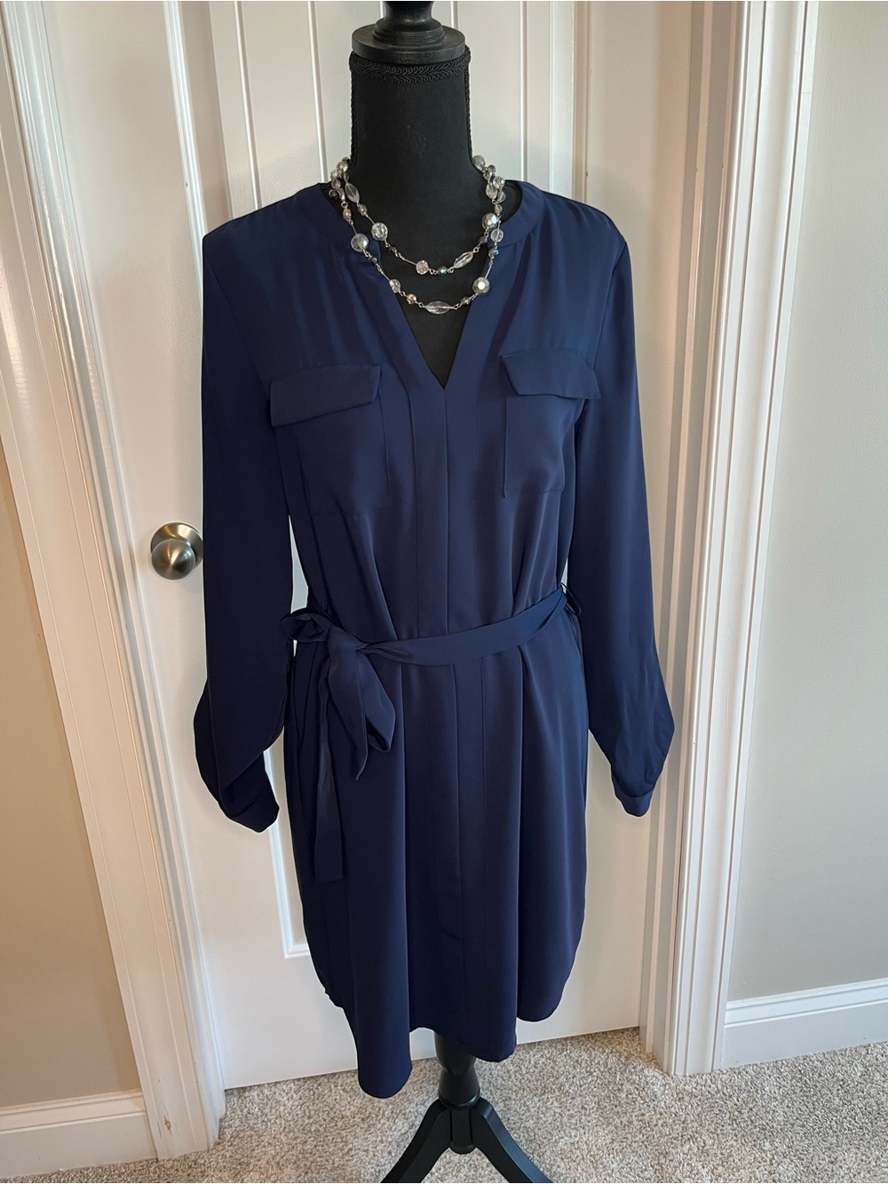 Adrienne Vittadini Navy Long-Sleeve V-Neck Belted Dress